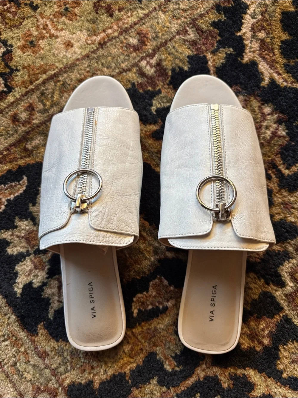Via Spiga, white leather sandals, zipper front accent